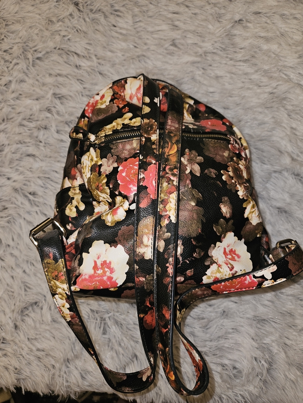 Moody Floral Mini Backpack ✧ Black Vintage Rose Print Faux Leather Bag - Picture 3 of 7